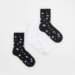 Reserved - 3 pár pamutban gazdag zokni csillagmintával - Fekete